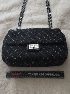Karl Lagerfeld Black Quilted Chain Shoulder Bag with Multicolor Stitching